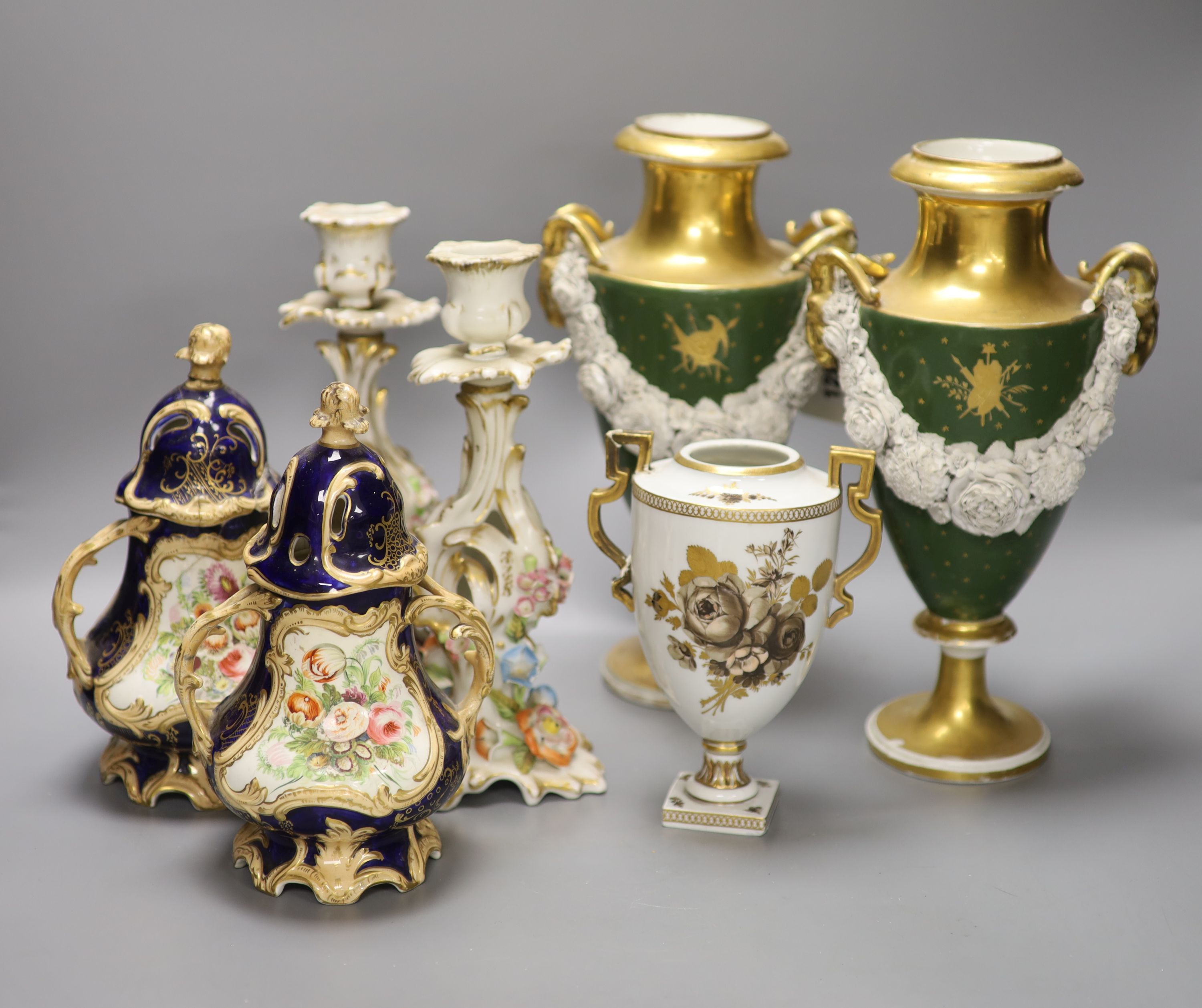 A pair of French porcelain vases, a pair Coalbrookdale style vases, a pair of Paris candlesticks and a Meissen Marcolini period vase, t